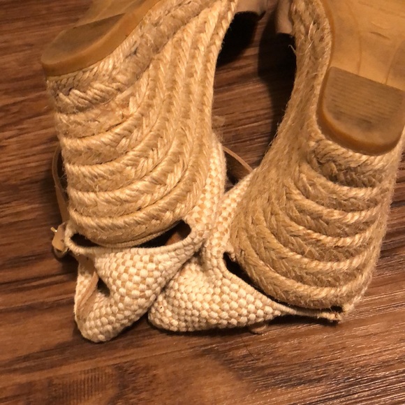 Tan wedge espadrilles with sueded eyelet open toe and ankle buckle - Picture 13 of 17
